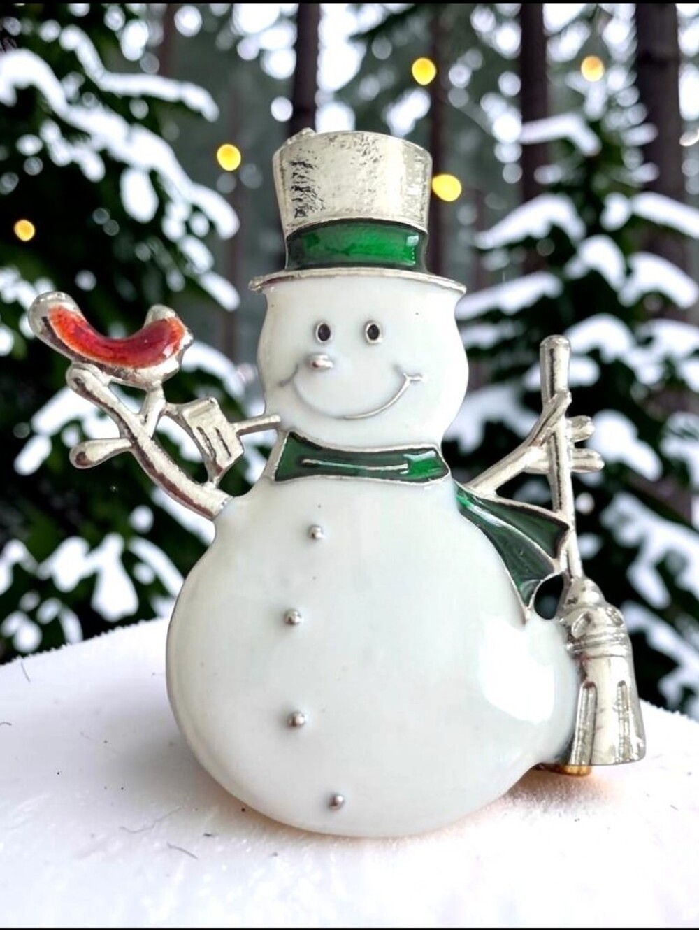 Holiday Snowman Brooch Pin - Silver & Green